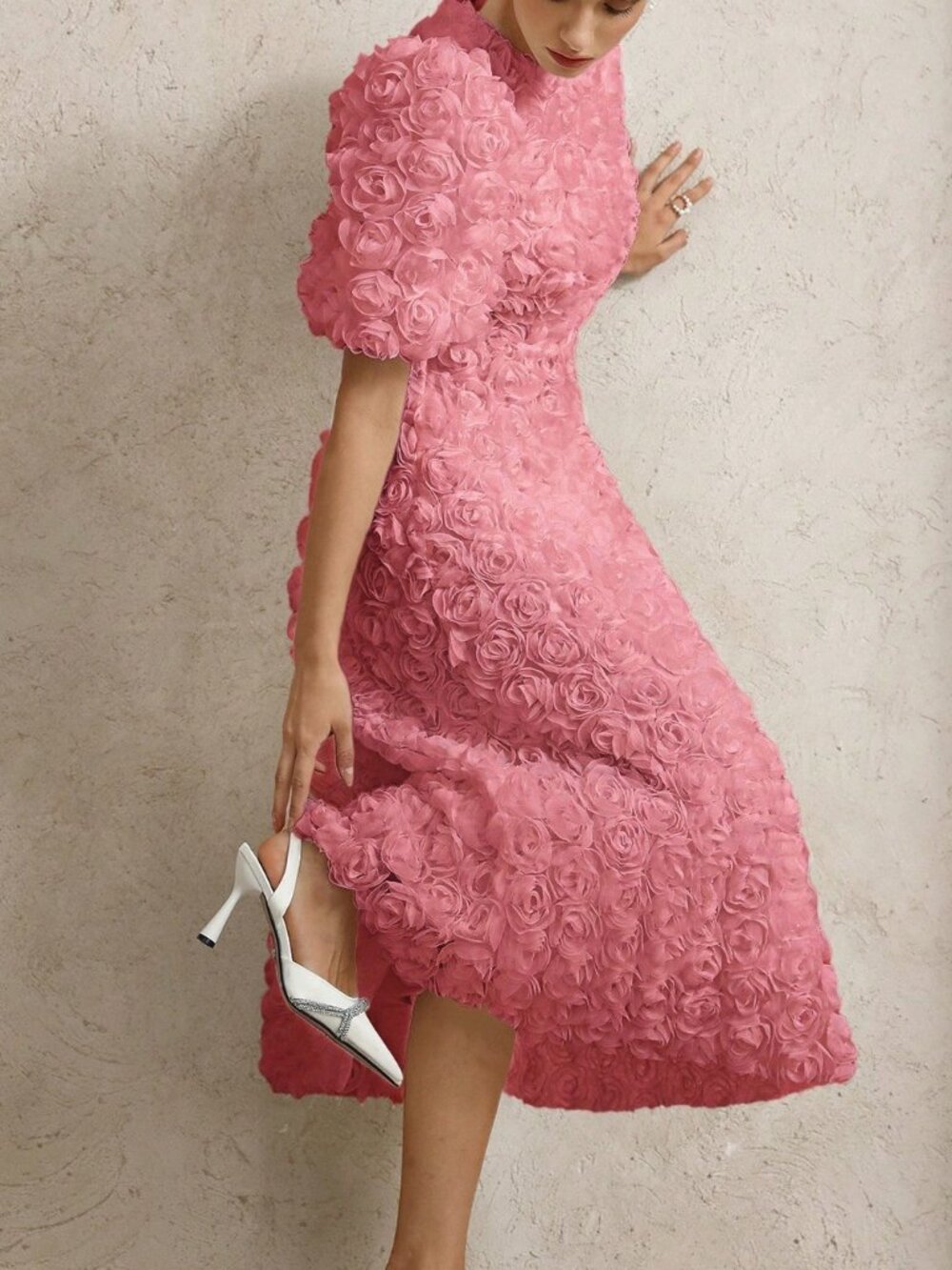 Pink Elegant Women's 3D Rose V-Neck Puff Sleeve Waist-Fitted Extra Long Dress - Picture 3 of 6